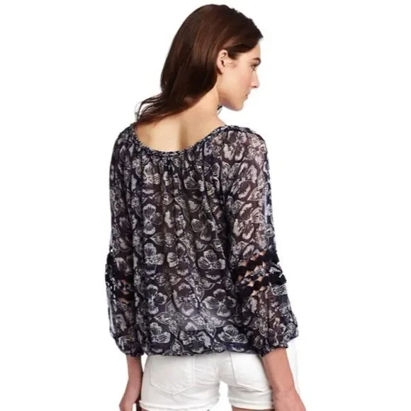 Lucky Brand Women's Size Small Estelle Printed Top Boho Sheer Trim Mid Sleeve - Picture 2 of 11